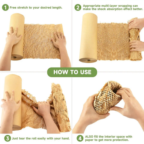 Demonstration of using Honeycomb Packing Paper Wrap 15x328 Inches For Moving And Shipping Pro Grade Cushioning That Replaces Bubble Wrap Eco Friendly Recyclable Durable Protection You Can Trust Includes 48 Fragile Labels with hands stretching and wrapping paper.