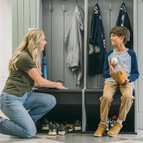 Open Design Storage Locker With Benches And Shoe Cubbies Freestanding Cabinet With Metal Hooks in busy entryway with people