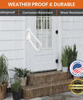Built Tough Steel Wall Mount Handrail For Stairs And Decks, 18 Inch White Indoor Outdoor Safety Railing attached to porch in rain.