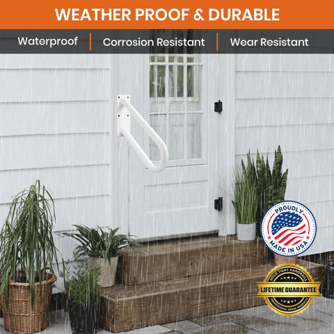 Built Tough Steel Wall Mount Handrail For Stairs And Decks, 18 Inch White Indoor Outdoor Safety Railing attached to porch in rain.