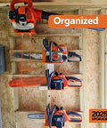 Hella Handy Magnetic Firewood Measuring Tool For Chainsaws With Dead Serious Magnet Base And Bright Orange Safety Pole Knockout Camp Gear on organized wall rack.
