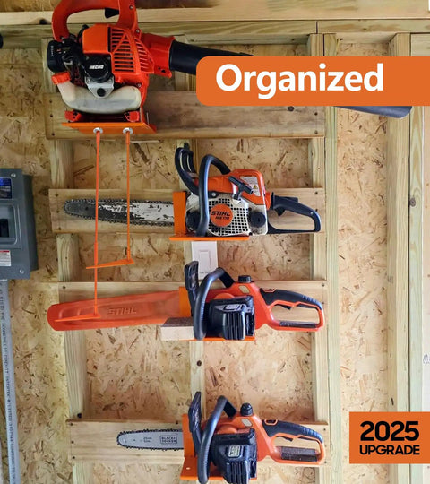 Hella Handy Magnetic Firewood Measuring Tool For Chainsaws With Dead Serious Magnet Base And Bright Orange Safety Pole Knockout Camp Gear on organized wall rack.