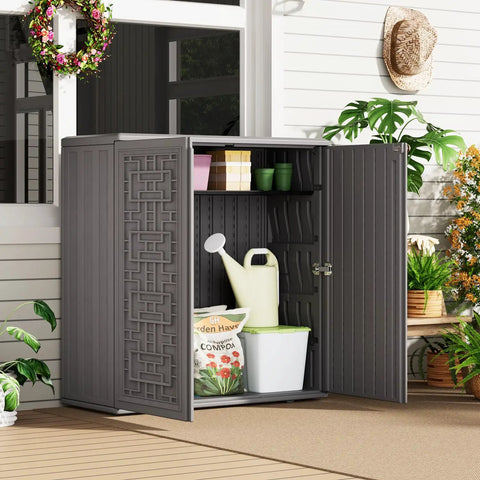 Beefy Outdoor Storage Cabinet With Doors And Shelf Grey Weatherproof HDPE Resin Box For Patio Garden Balcony 34 by 15 by 36 Inches