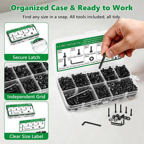 M3 Hex Socket Head Cap Screws And Nuts Kit Set With 631 Pieces open with labeled compartments and hand picking screws