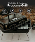 GPT 25 Propane Burner Grill With Foldable Legs, showing lid, grate, and adjustable regulator, perfect for camping and tailgating.