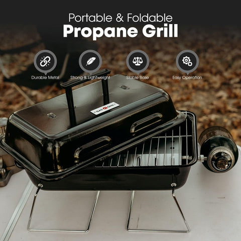 GPT 25 Propane Burner Grill With Foldable Legs, showing lid, grate, and adjustable regulator, perfect for camping and tailgating.