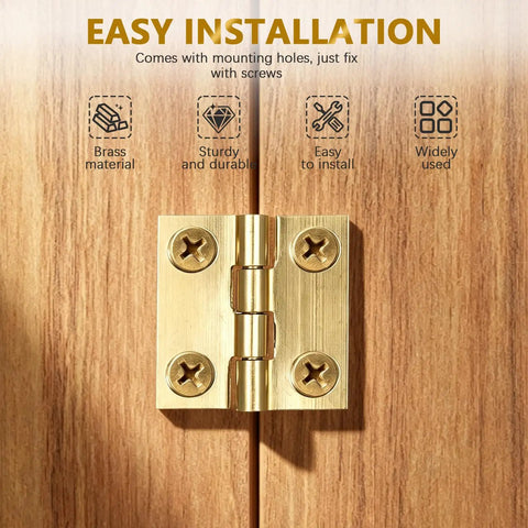 Four Pack Mini Brass Folding Butt Hinges One Inch Retro Style with screws on wood background, easy installation