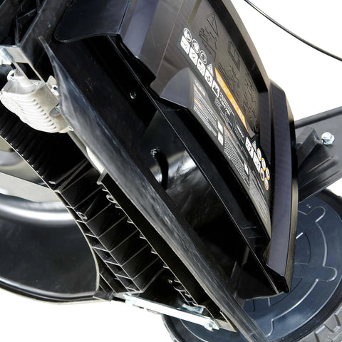 Underside view of Electric Start Gas Walk Behind Lawn Mower With CVT Transmission showing blade compartment.
