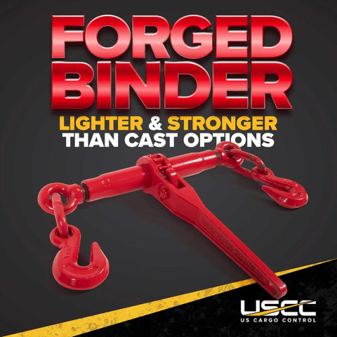 Forged ratchet chain binder with red finish, features two grab hooks, promoted as lighter and stronger on dark background.