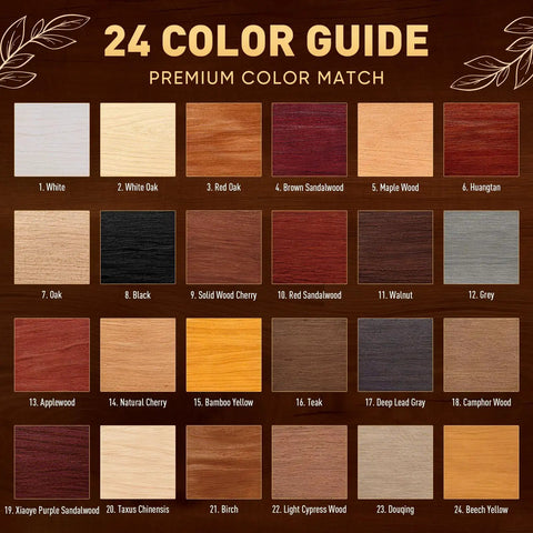 24 Wood Filler Sticks And Furniture Repair Wax Crayons color guide featuring 24 wood shades for premium color match on repairs.