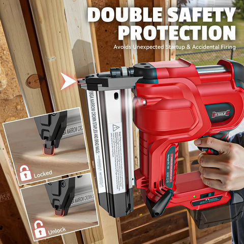 Heavy Duty Cordless Brad Nailer And Staple Gun Combo Made To Fit Milwaukee 18v Tools with double safety protection in use.