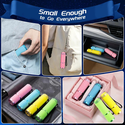 4 Pack Mini LED Flashlights With Straps, Aluminum pocket lights in assorted colors in pocket, backpack, and storage box settings.