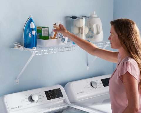 Woman reaching for items on Three Foot Wide Wire Wall Shelf System With Mounting Hardware White Space Saving Organizer