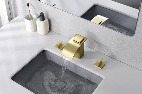 Brushed Gold Waterfall Bathroom Faucet, 8-Inch Widespread 3-Hole Sink Faucet with Solid Brass Valve, installed on modern vanity