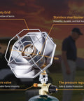 Close-up of 6800 BTU Propane Golf Cart Heater With Igniter, featuring stainless steel burner, safety grid, and control valve.