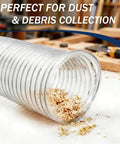 Beefy 4 Inch Dust Collection Hose, 10 Feet Long, Heavy Duty Clear PVC Fume Hose with wood shavings on white surface