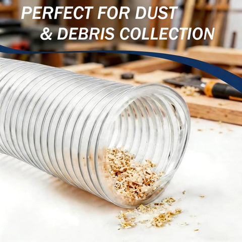 Beefy 4 Inch Dust Collection Hose, 10 Feet Long, Heavy Duty Clear PVC Fume Hose with wood shavings on white surface
