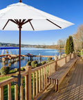 Heavy Duty Patio Umbrella Clamp Mount For Deck Railings And Outdoor Furniture shown securing umbrella on wooden deck by lake