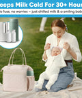 Portable Breast Milk Cooler Keeps Pumped Milk Chilled For Thirty Hours Straight Up No Fridge Required Bpa Free Insulated Baby Bottle Tote with a mother and baby.