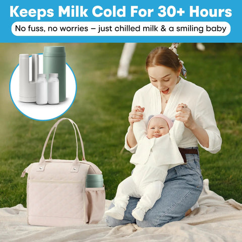 Portable Breast Milk Cooler Keeps Pumped Milk Chilled For Thirty Hours Straight Up No Fridge Required Bpa Free Insulated Baby Bottle Tote with a mother and baby.