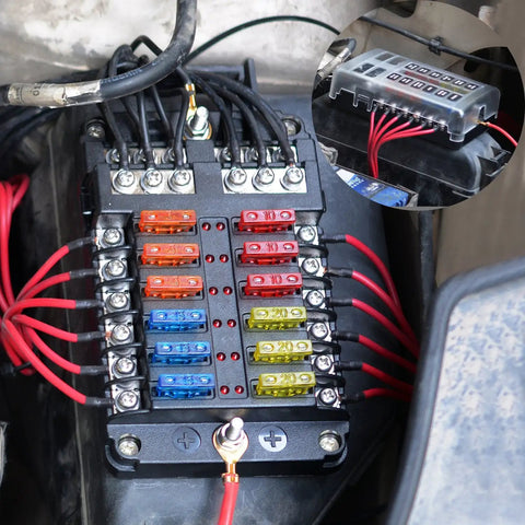 12 Way Blade Fuse Box Holder With LED Indicator And Protective Cover installed in vehicle engine bay