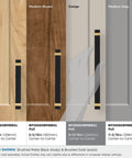 Overton Two Tone Cabinet Pull in Brushed Matte Black and Brushed Gold, 8-13/16 Inch Center to Center, showcasing various finishes on wood panels