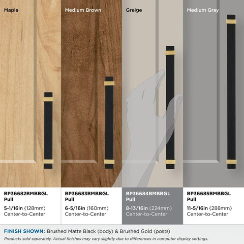 Overton Two Tone Cabinet Pull in Brushed Matte Black and Brushed Gold, 8-13/16 Inch Center to Center, showcasing various finishes on wood panels