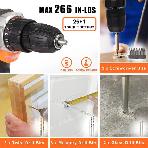120 Piece Cordless Home Tool Kit With 20V Drill 2.0Ah Battery And Charger 25 Plus 1 Clutch DIY Home Repair Kit For Wood Metal Screws And Nut Turning Great For Garden Office And Household Projects
