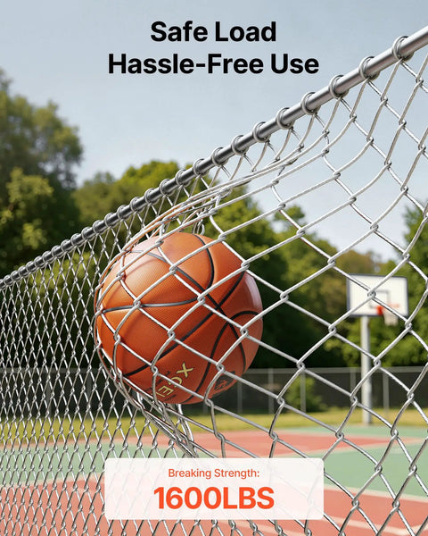Basketball stuck in chain-link fence, highlighting One Eighth Inch Stainless Steel Cable Railing Kit With Six Hundred Feet Of 316 Marine Grade Wire Built Tough For Outdoor Handrails Stairs Decks And Fences Includes Cutter And Gloves 1600 Lbs Breaking Strength 7x7 Strand with breaking strength displayed as 1600 LBS.