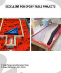 Red Construction Sheathing Tape For Doors And Windows, Epoxy Resin Tape, shown sealing edges of epoxy table project