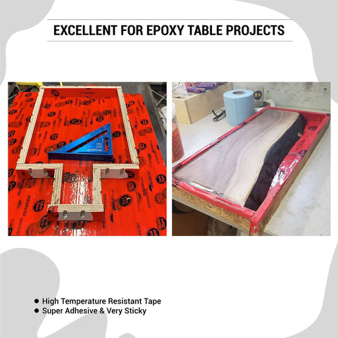 Red Construction Sheathing Tape For Doors And Windows, Epoxy Resin Tape, shown sealing edges of epoxy table project