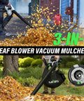 Person using 3 In 1 Cordless Leaf Blower Vacuum Mulcher With Brushless Motor 385 CFM And Five Speed Control Includes 45L Bag Plus Two 20V 4Ah Battery And Charger For Lawn Care to clear leaves.