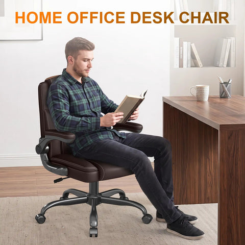 Premium Mid Back Leather Executive Office Chair Featuring Ergonomic Lumbar Support And Flip Up Armrests For Boss Level Comfort During Long Study Marathons And Crunch Time Deadlines, man reading.