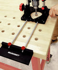 Edge Guide Drill Fence For DrillMatePRO 1349 Portable All Metal Construction Installed on Workbench, 1.4375 to 12.625 Inches Wide