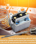 Hi Limit Thermostat Switch for Fryers, Three Eighth Inch Mpt, 1177 High Limit Cutoff, Replacement OEM Part Compatible With Atosa 301030005 Gas Fryer, Easy Swap To Prevent Oil Overheat, Heavy Duty Safety Control, showing components against fryer background