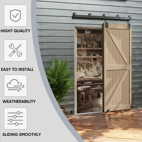 Exterior Box Rail Barn Door Hardware Kit Five Foot Black Sliding Track System for Wall Mount Heavy Duty Supports installed on shed