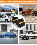 Tough Rubber Wheel Chocks For RVs Trailers Campers Trucks Cars Aircraft And Boats With Reflective Strips in various vehicle settings