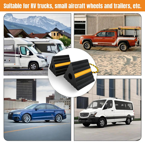 Tough Rubber Wheel Chocks For RVs Trailers Campers Trucks Cars Aircraft And Boats With Reflective Strips in various vehicle settings