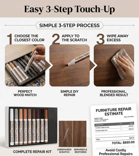 12 Color Furniture Touch Up Markers Wood Scratch Repair Kit For Cabinets Floors Tables Trim Straight Up Legit Wood Finish Match To Knock Out Nicks Stress Free Quick - Step-by-step visuals of marker use for repairing wood scratches.