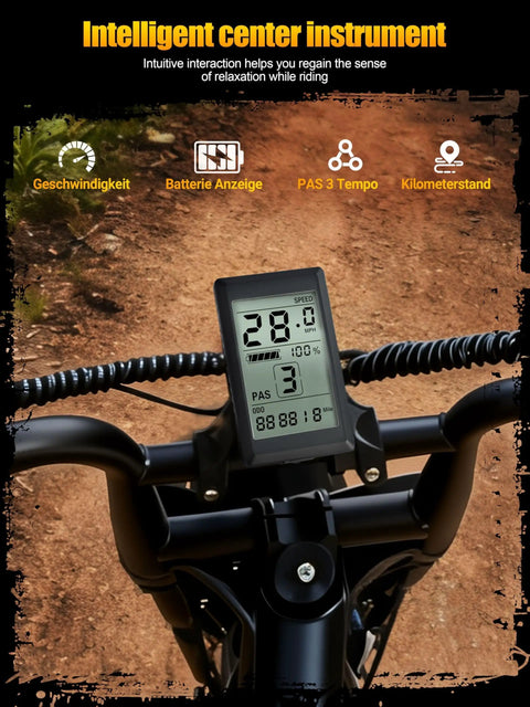 Display panel on Beast Level Fat Tire Electric Bike For Adults With 1500W Peak Motor showing speed and settings on handlebars.