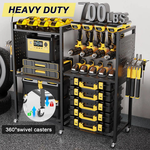 Heavy Duty 6 Tier Power Tool Organizer Cart With Built In Charging Station, Rolling Garage Tool Cart With 6 Wheels, 8 Hooks, Adjustable Shelves, Holds 700 Lbs Capacity
