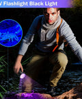Front-view of Tallew UV flashlight for leak testing; outdoors man uses purple light; blue inset shows UV-lit specimen.