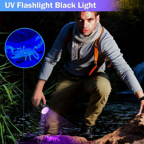 Front-view of Tallew UV flashlight for leak testing; outdoors man uses purple light; blue inset shows UV-lit specimen.
