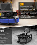 Heavy Duty 165 Ft Self Leveling Sewer Camera With 9 Inch Hd Screen And 1080P Video Recorder displaying system and cable details.
