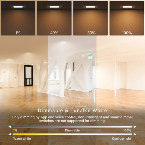 6 Inch LED Smart Recessed Pot Light Square Quad Pack With WiFi App And Voice Control showing dimmable tunable white options
