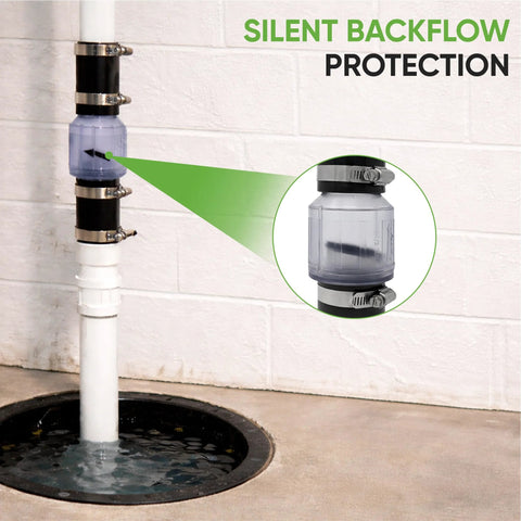 PumpSpy silent check valve, 1-1/2 in, Buna-N couplings with steel clamps on sump pump discharge line