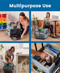 Universal Rolling Cart With Canvas Organizer Bag For Classrooms And Offices On Wheels Mobile Storage in use in home and office settings.