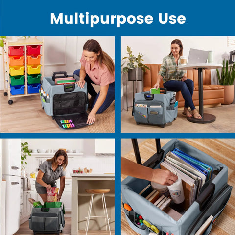 Universal Rolling Cart With Canvas Organizer Bag For Classrooms And Offices On Wheels Mobile Storage in use in home and office settings.