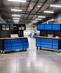 72 Inch Beefy On Wheels Tool Chest With Locking Drawers 15 Drawers And 3 Upper Cabinets Pegboard With Power Outlet Blue Garage Toolbox Set 2 Pack For Large Workshops in workshop