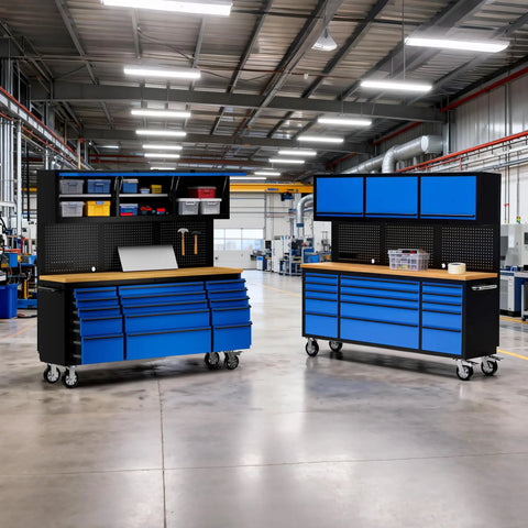 72 Inch Beefy On Wheels Tool Chest With Locking Drawers 15 Drawers And 3 Upper Cabinets Pegboard With Power Outlet Blue Garage Toolbox Set 2 Pack For Large Workshops in workshop